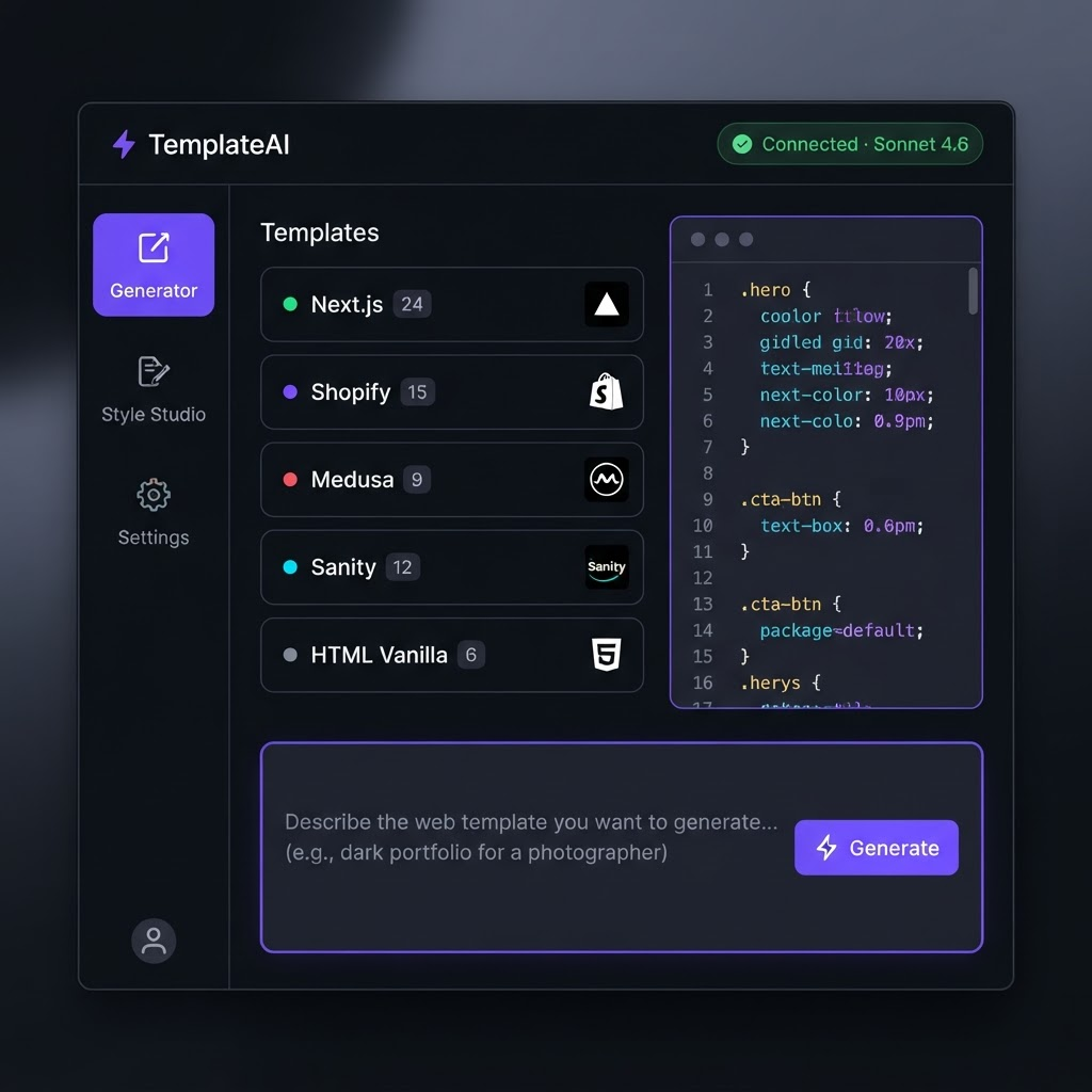 TemplateAI desktop app showing the Generator view with framework templates and a live code preview